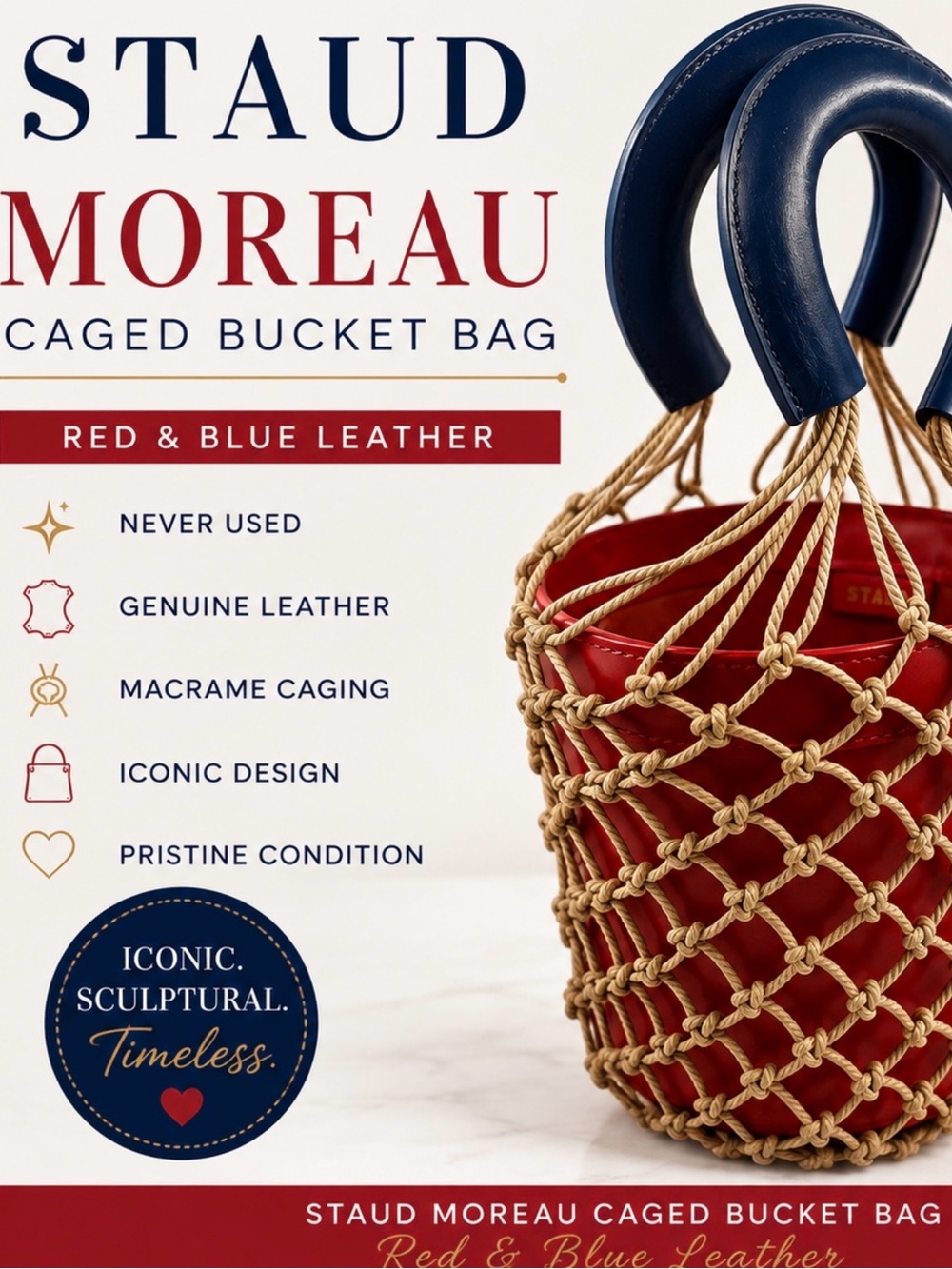 STAUD Moreau Caged Bucket Bag Red Blue Leather Macrame Net Top Handle